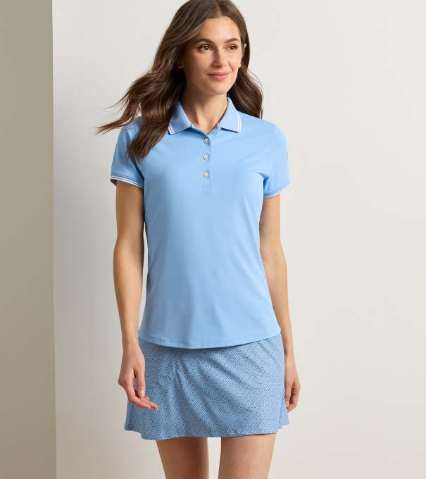 Canterbury Tipped Sport Mesh Short-Sleeve Polo in Cottage Blue/White