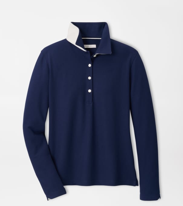 Coolspun Lite Cotton Piqu&eacute; Long Sleeve Polo in NAVY / SOFT WHITE