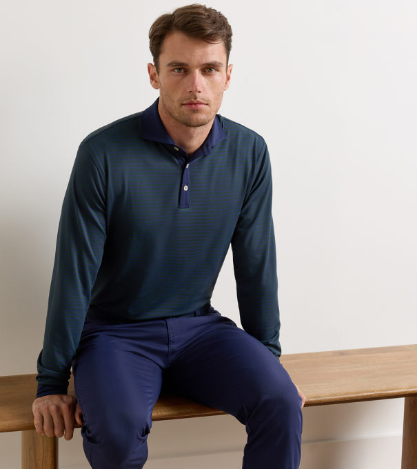 Lyons Stripe Performance Jersey Long-Sleeve Polo in Navy