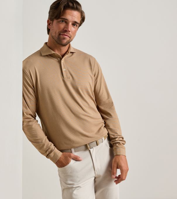 Lyons Stripe Performance Jersey Long-Sleeve Polo in Dark Amber