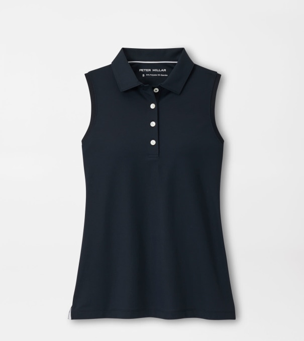Women's Banded Sport Mesh Sleeveless Button Polo in Black
