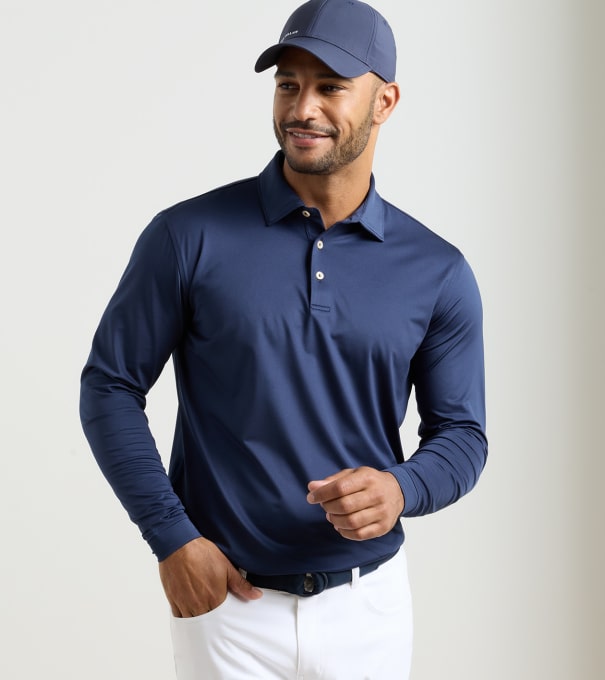 Solid Stretch Jersey Long Sleeve Polo in Navy