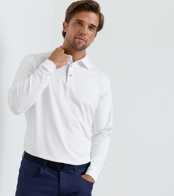 Solid Stretch Jersey Long Sleeve Polo in White