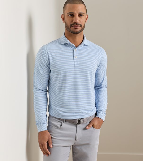 Lyons Stripe Performance Jersey Long-Sleeve Polo in LAKESIDE