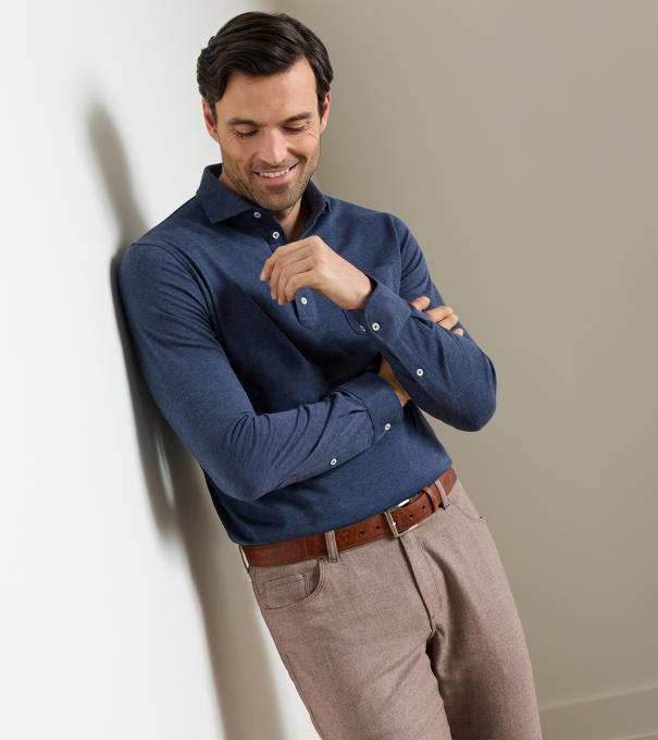 Amble Long-Sleeve Cotton Cashmere Polo in CADET