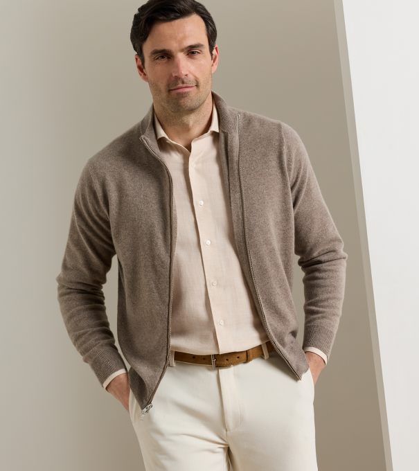 Artisan Crafted Cashmere Full Zip Sweater in Rye