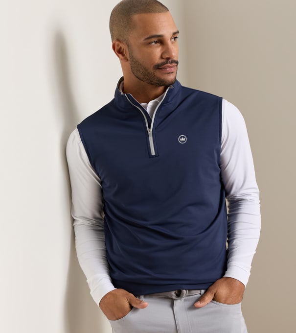 Crown Seal Logo Galway Stretch Loop Terry Quarter-Zip Vest in Navy