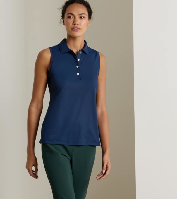 Women's Banded Sport Mesh Sleeveless Button Polo in Navy