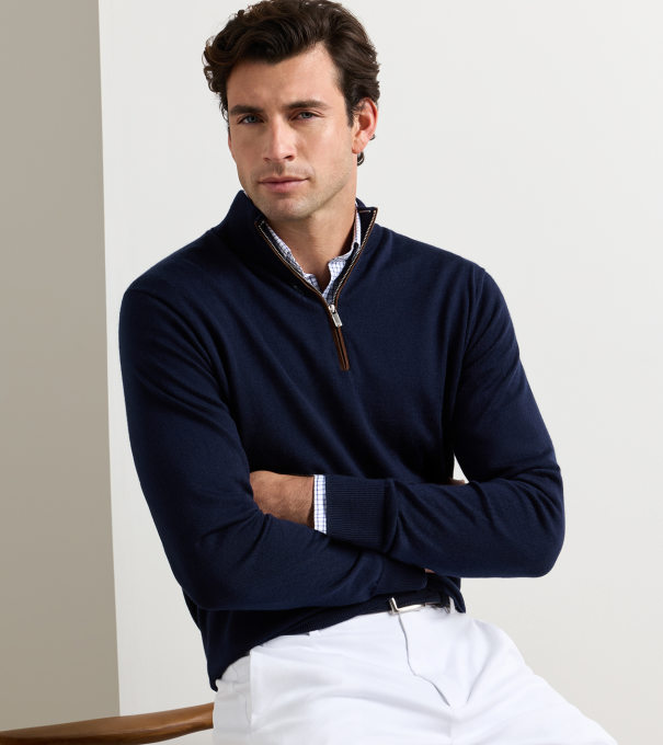 Autumn Crest Suede Trim Quarter-Zip in Navy