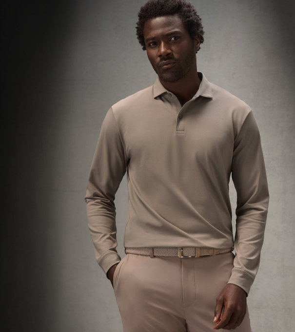 Pursuit Long-Sleeve Piqu&eacute; Polo in BISCOTTI