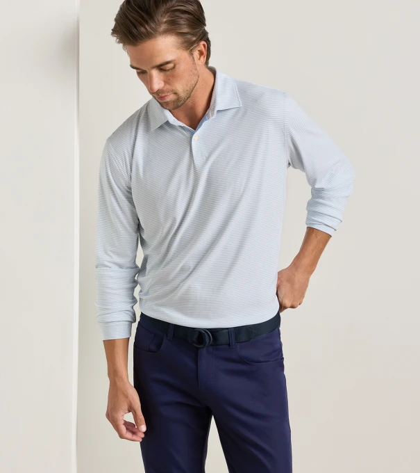 Featherweight Park Stripe Long-Sleeve Performance Polo in White