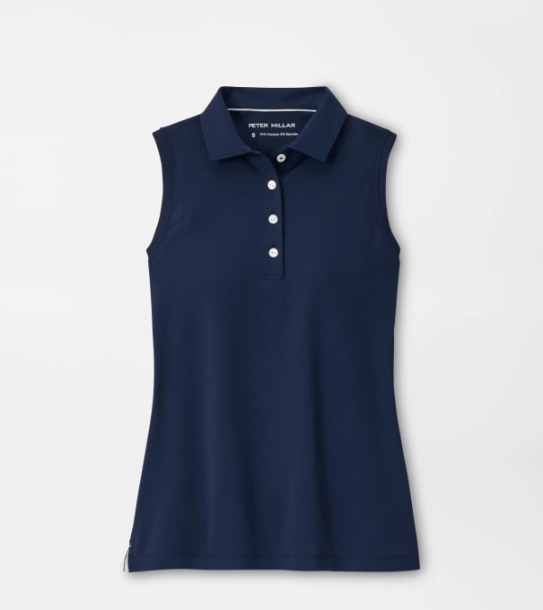 Women's Banded Sport Mesh Sleeveless Button Polo in Navy