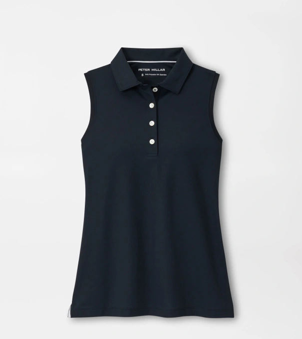 Women's Banded Sport Mesh Sleeveless Button Polo in Black