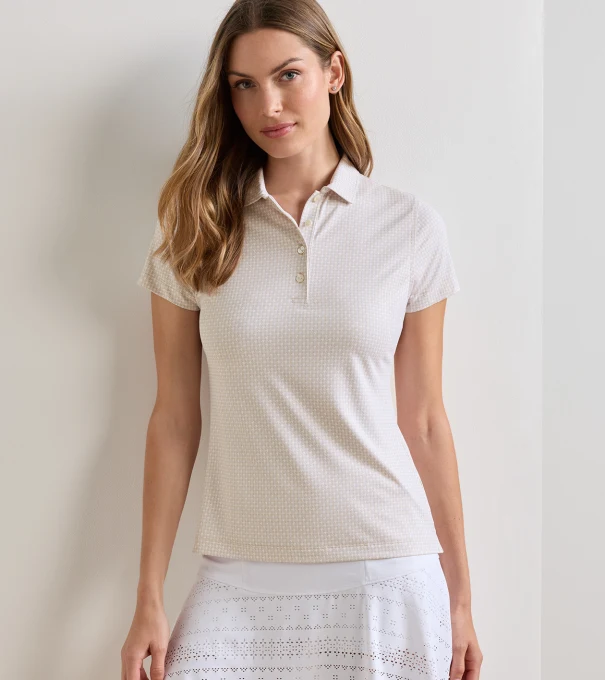 Houndstooth Print Short Sleeve Jersey Polo in LIGHT ELM