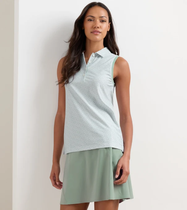 Tee It Up Banded Sport Mesh Sleeveless Button Polo in Willow