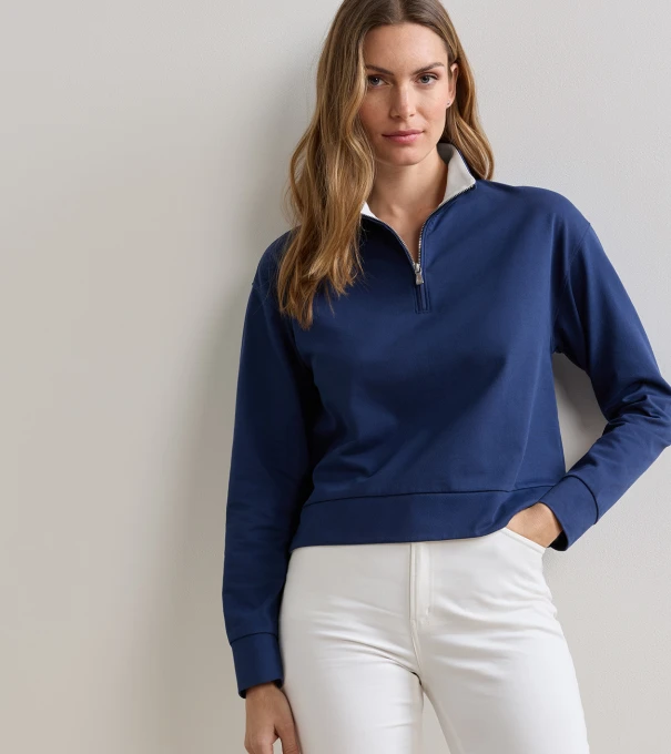 Coolspun Lite Cotton Quarter-Zip Pullover in NAVY / SOFT WHITE
