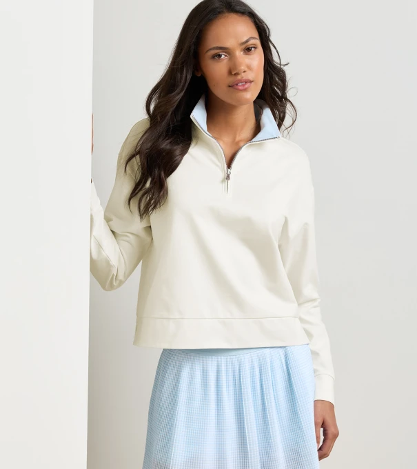 Coolspun Lite Cotton Quarter-Zip Pullover in SOFT WHITE / BLUE BRISK