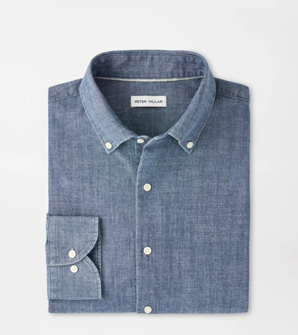 Devonport Chambray Cotton-Stretch Sport Shirt in Indigo
