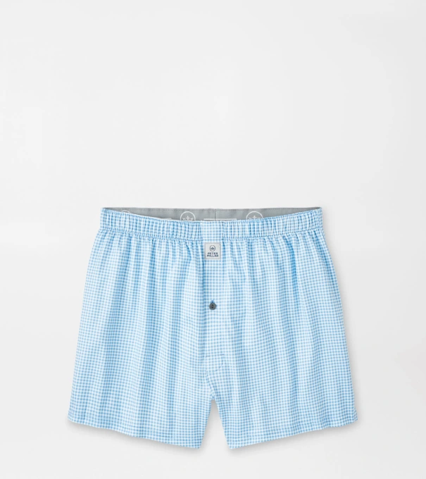 Nebraska Printed Gingham Check Stretch Jersey Boxer in Cottage Blue