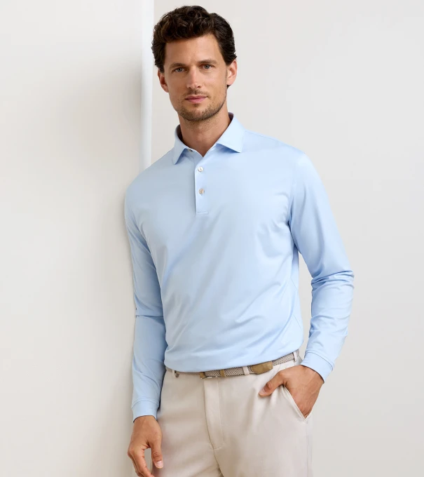 Solid Stretch Jersey Long Sleeve Polo in Stream Blue