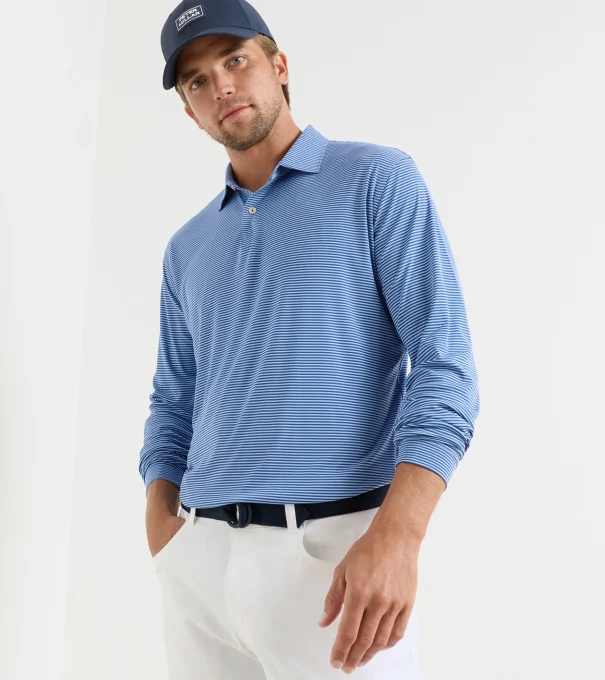 Featherweight Market Stripe Long-Sleeve Performance Polo in Windsor Blue