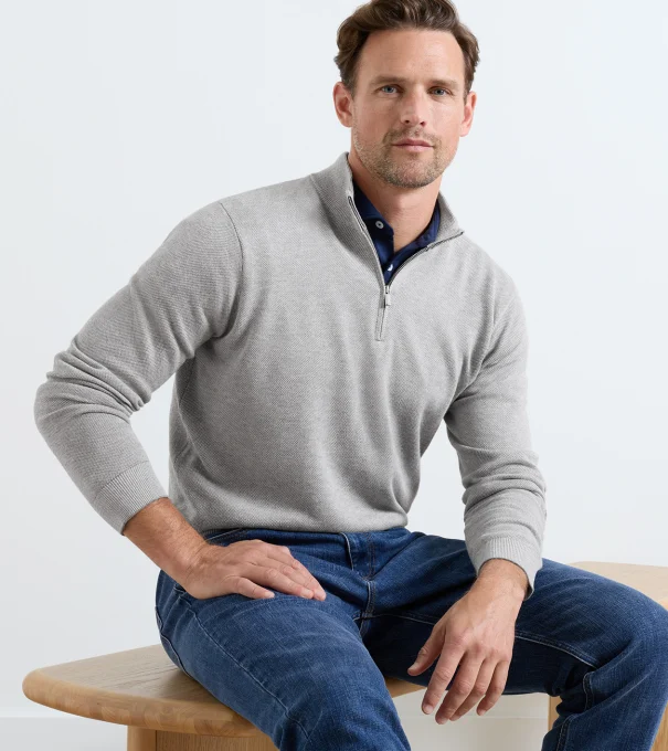 Coolspun Lite Birdseye Quarter Zip Jumper in Gale Grey