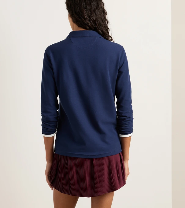 Coolspun Lite Cotton Piqu&eacute; Long Sleeve Polo in NAVY / SOFT WHITE