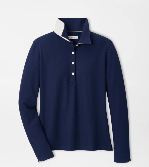 Coolspun Lite Cotton Piqu&eacute; Long Sleeve Polo in NAVY / SOFT WHITE