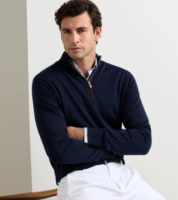 Autumn Crest Suede Trim Quarter-Zip in Navy