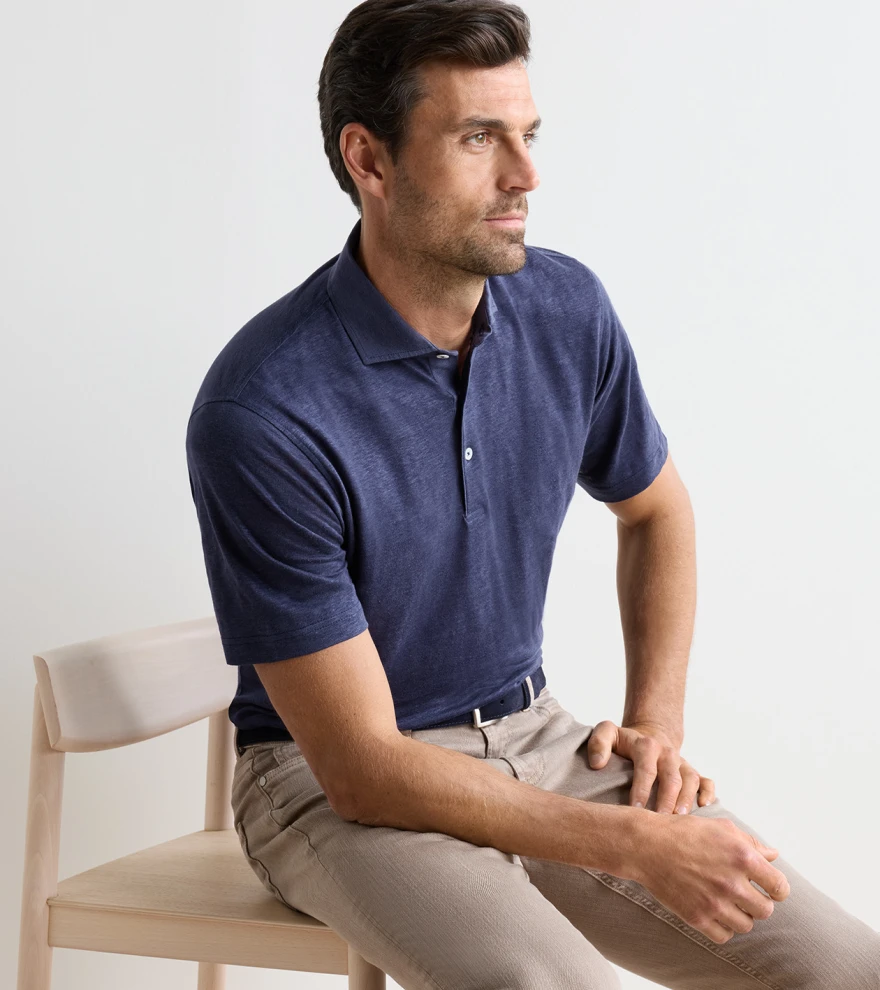 Astino Linen Polo in Navy - Alternate Image 1