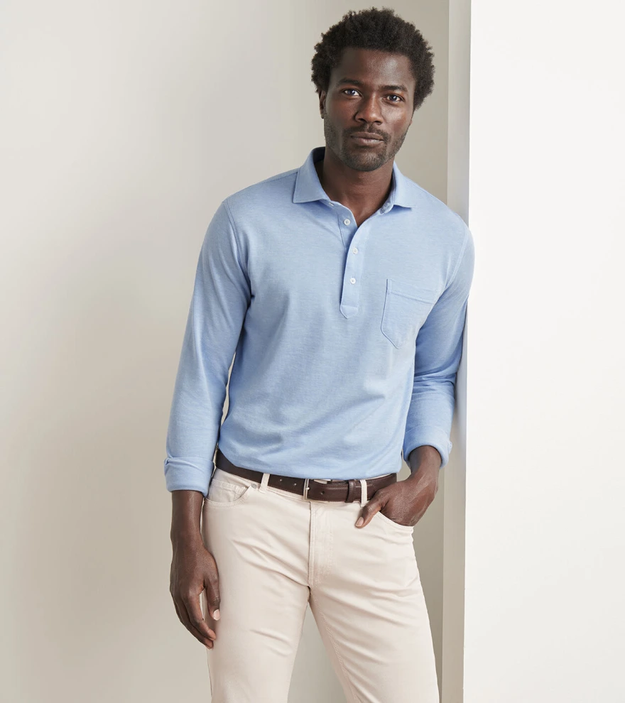 Amble Long-Sleeve Cotton Cashmere Polo in Blue Frost - Alternate Image 1