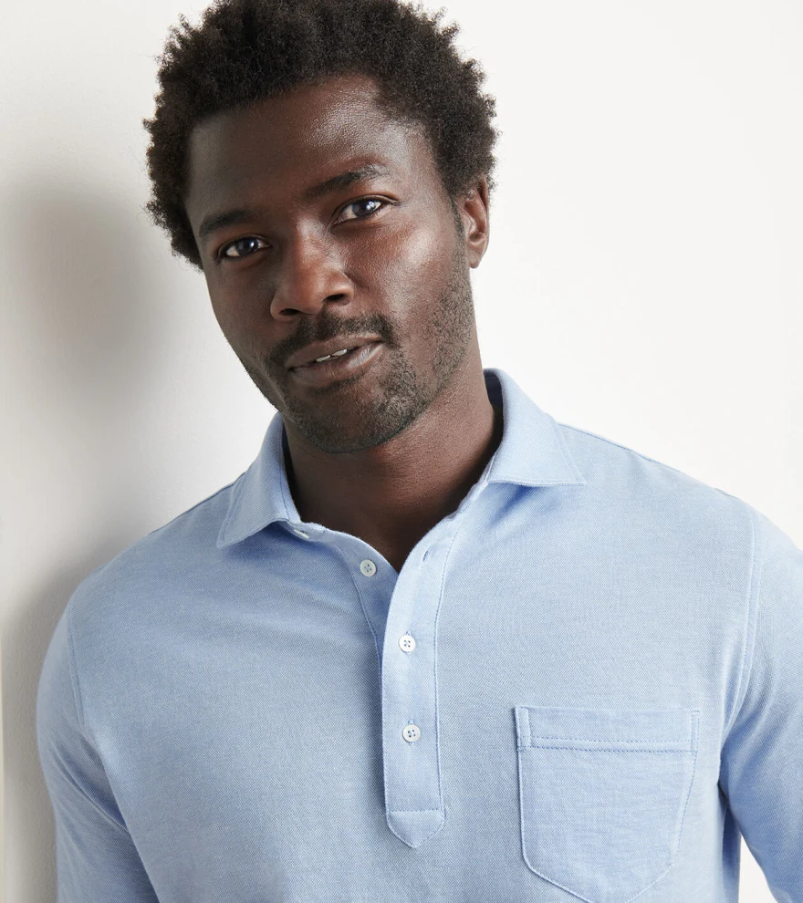 Amble Long-Sleeve Cotton Cashmere Polo in Blue Frost - Alternate Image 3