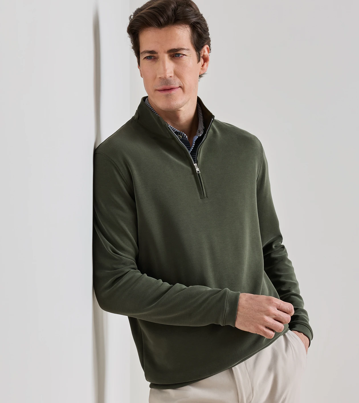 Soft Suede Performance Quarter-Zip in Dark Olive - Alternate Image 1