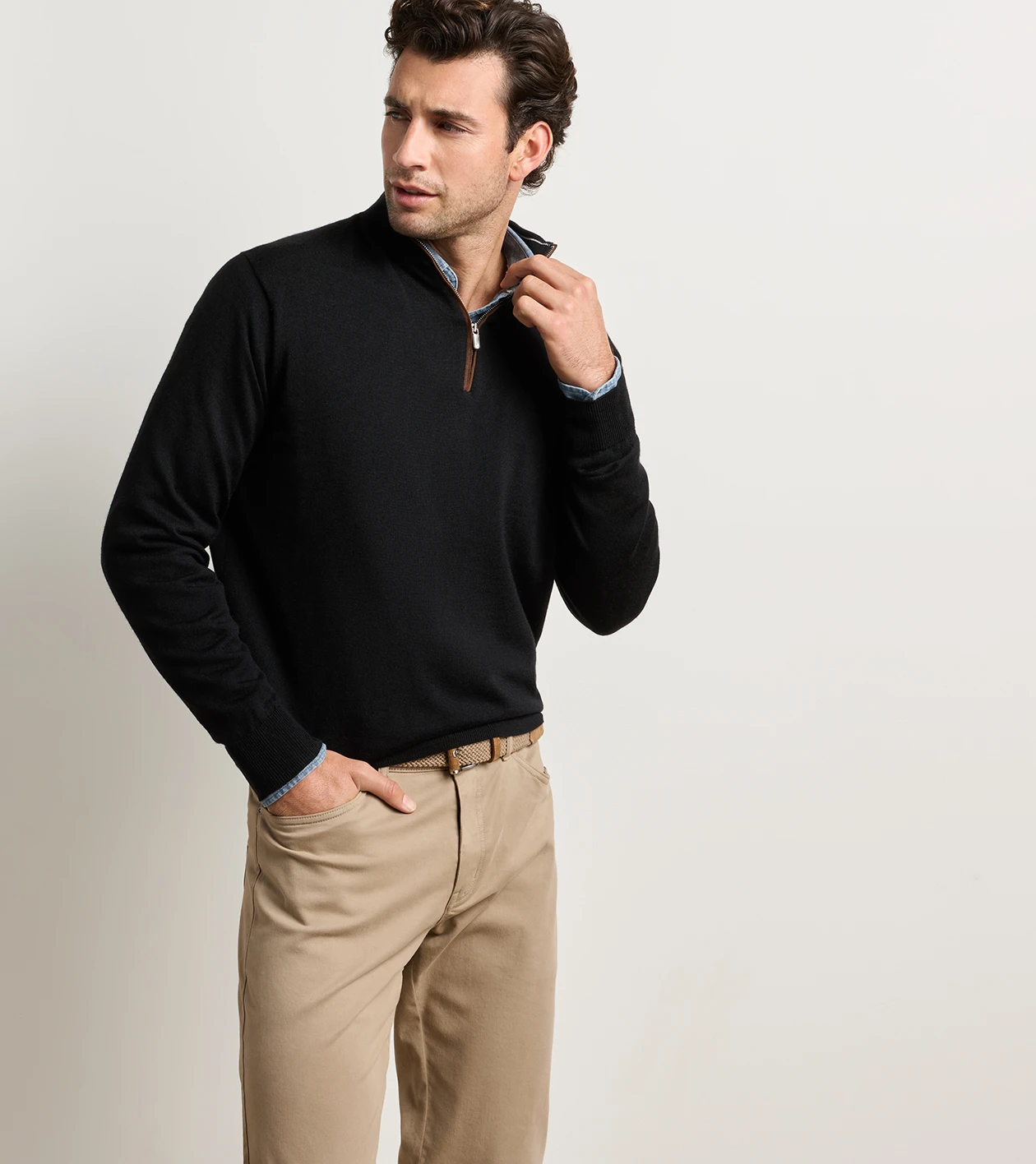 Autumn Crest Suede Trim Quarter-Zip in Black - Alternate Image 1