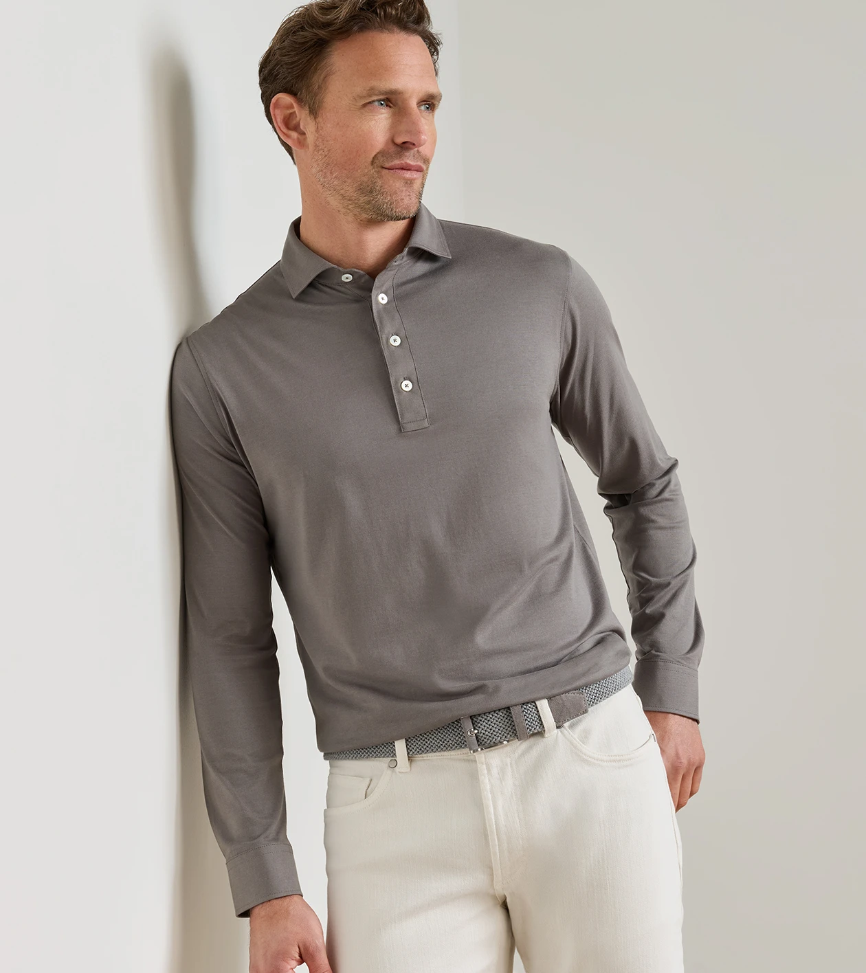 Ashby Silk Cotton Longsleeve Polo in Argento - Alternate Image 1