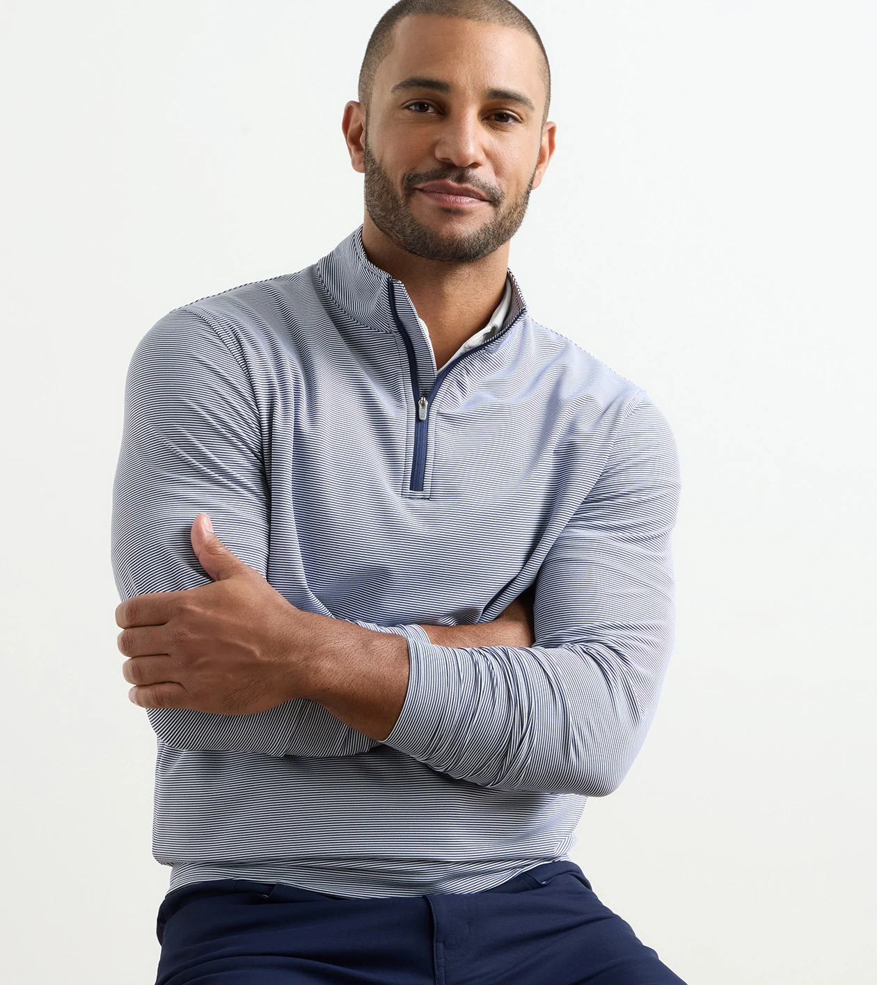 Perth Sugar Stripe Performance Quarter-Zip in Navy/White - Alternate Image 1