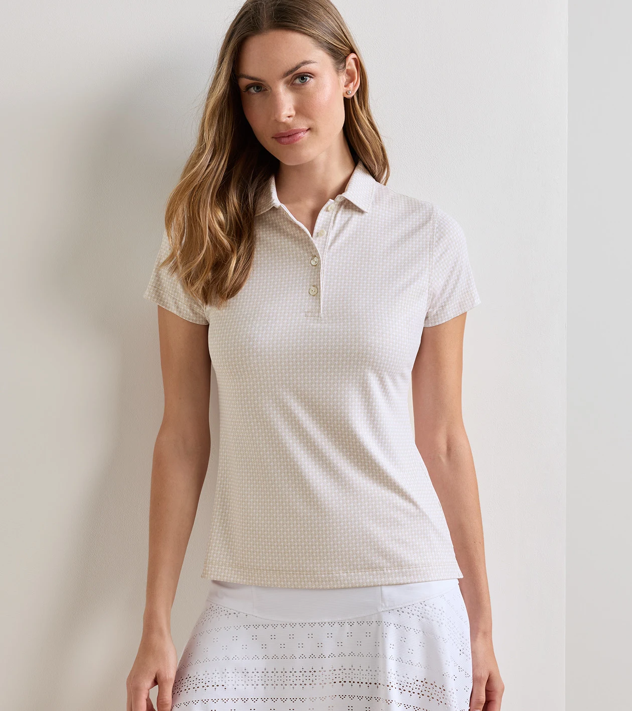 Houndstooth Print Short Sleeve Jersey Polo in LIGHT ELM - Alternate Image 1