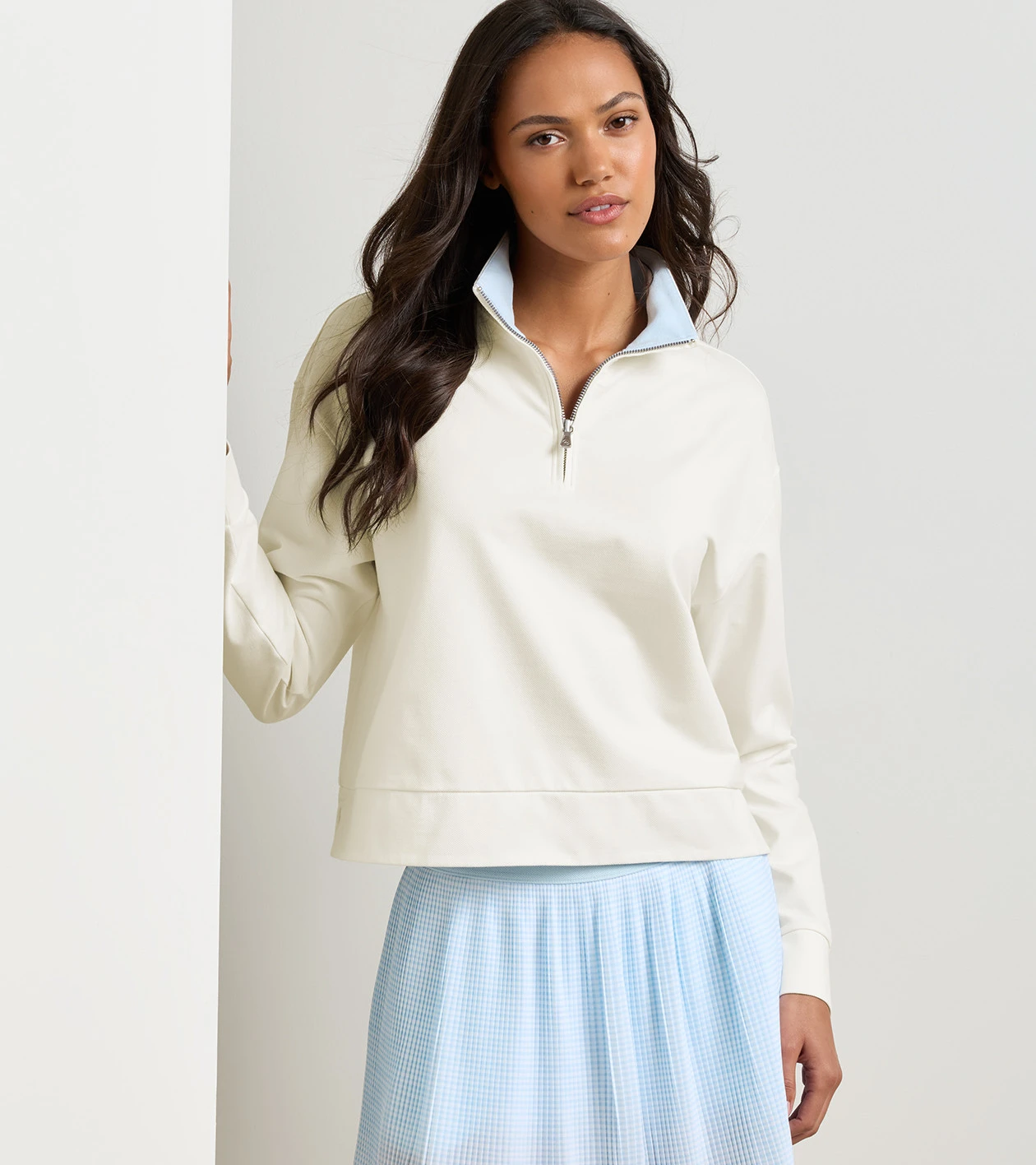 Coolspun Lite Cotton Quarter-Zip Pullover in SOFT WHITE / BLUE BRISK - Alternate Image 1
