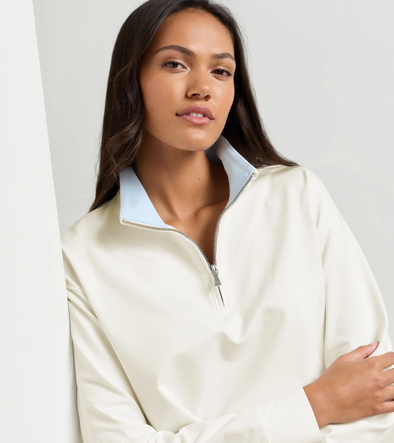 Coolspun Lite Cotton Quarter-Zip Pullover in SOFT WHITE / BLUE BRISK - Alternate Image 3