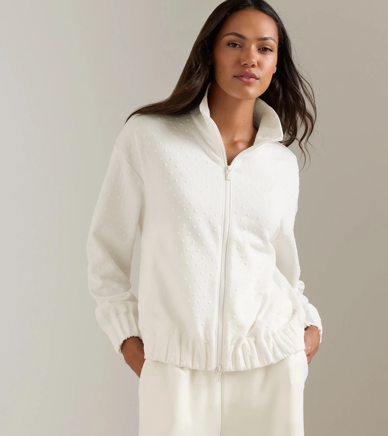 Flora Knit Swiss Dot Jacquard Full-Zip in SOFT WHITE - Alternate Image 1