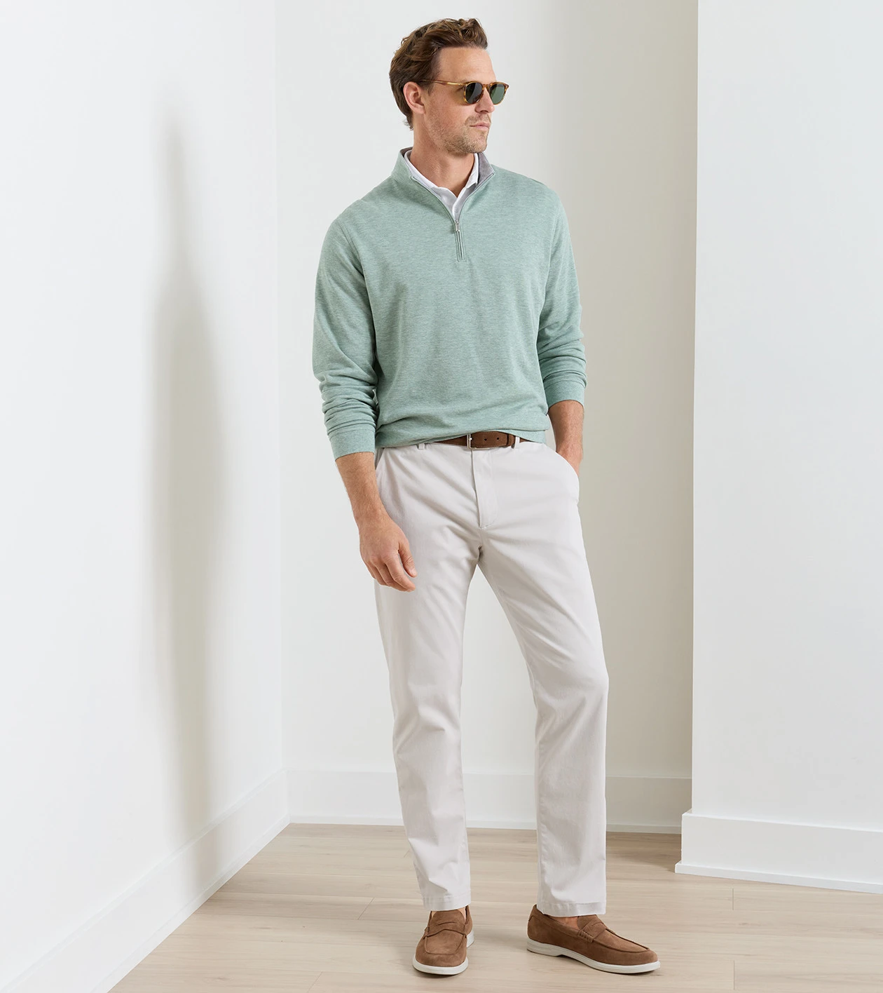 Signature Sateen Flat Front Trouser in Stone - Alternate Image 1