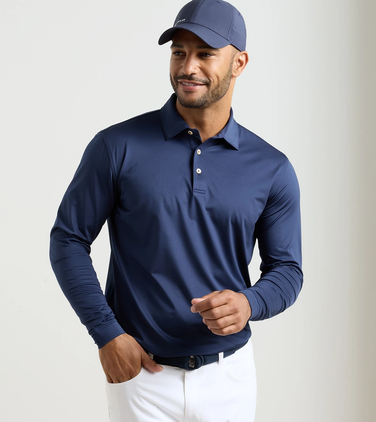 Solid Stretch Jersey Long Sleeve Polo in Navy - Alternate Image 1