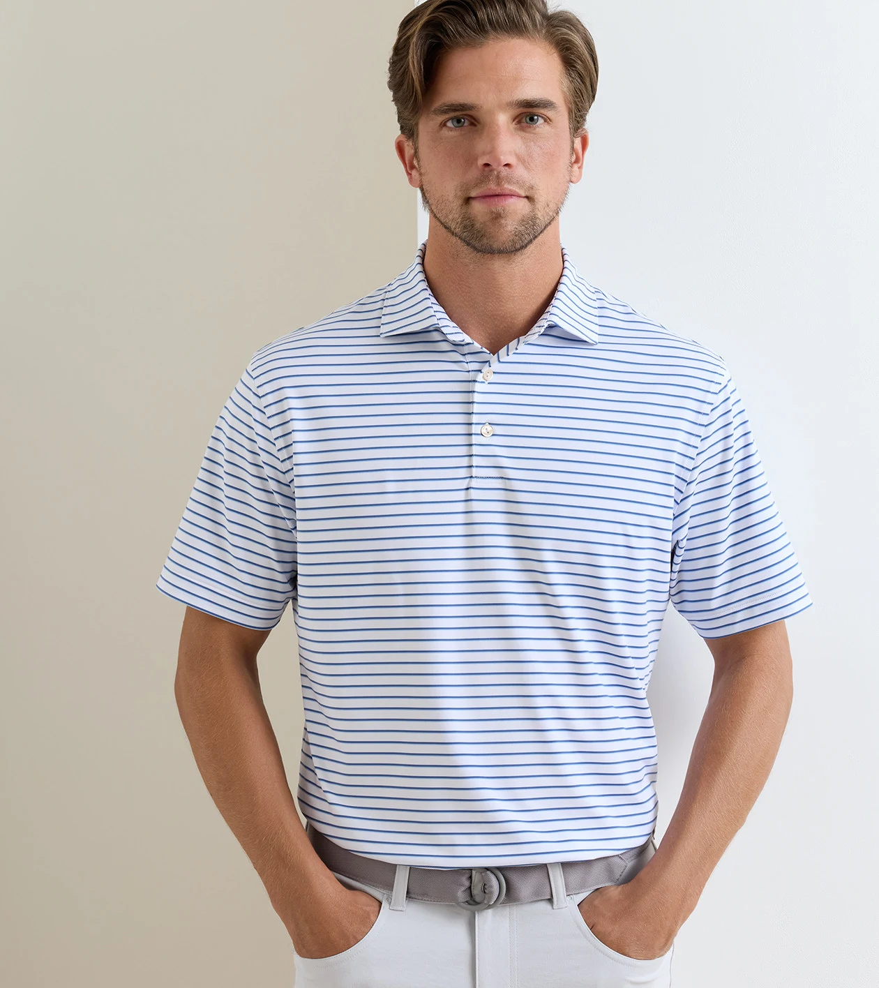 Dunnes Performance Jersey Polo in White/Windsor Blue - Alternate Image 1