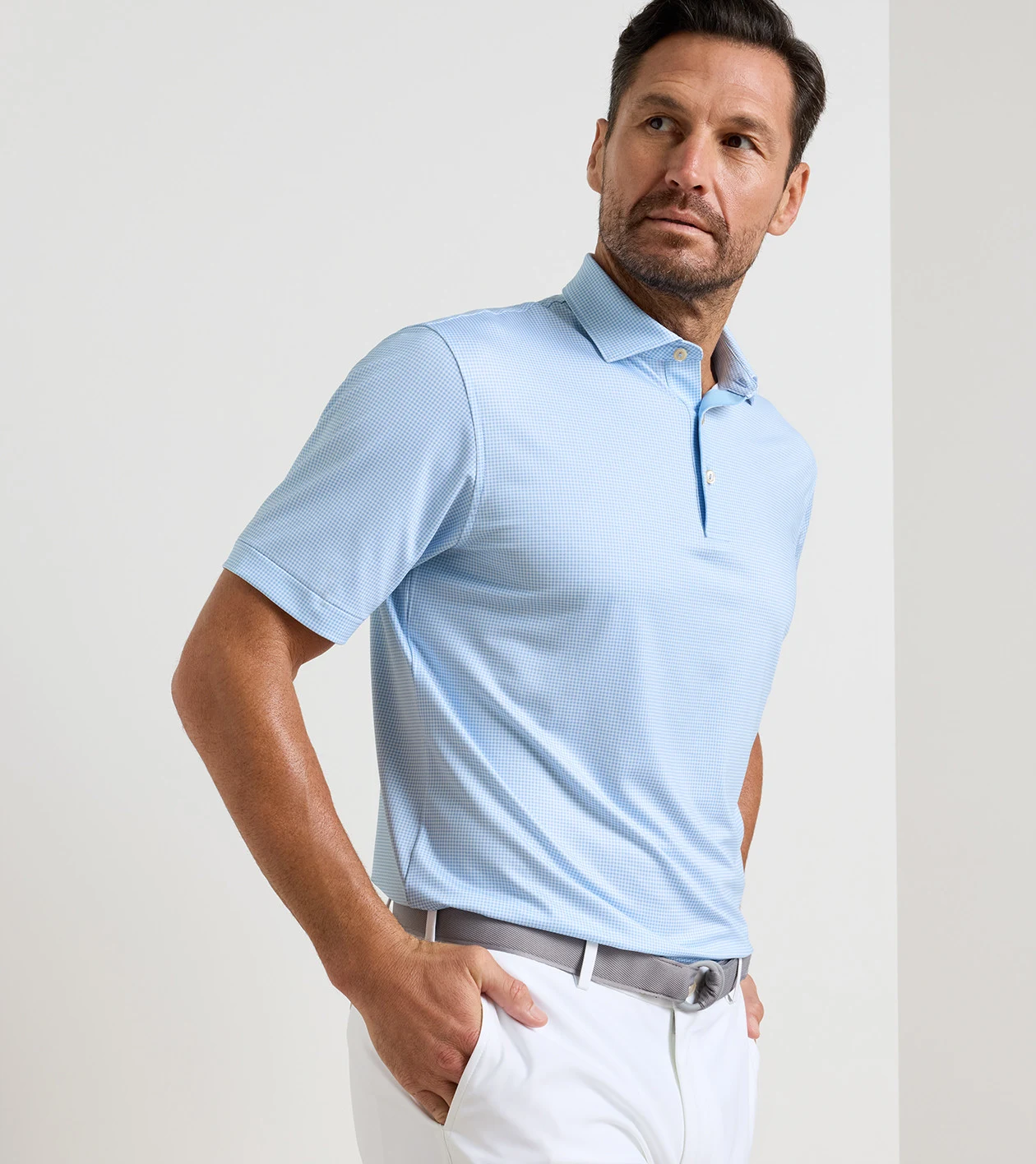 Gingham Performance Jersey Polo in Cottage Blue - Alternate Image 1