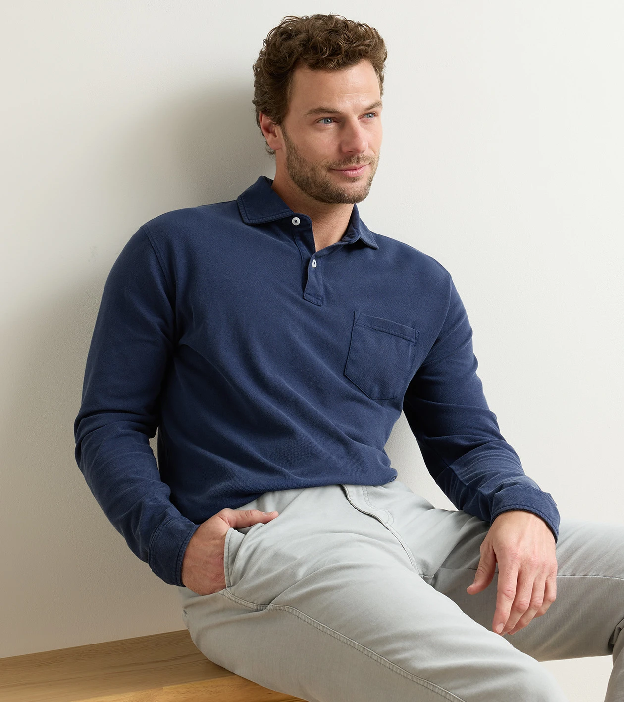Everyday Piqu&eacute; Long Sleeve Polo in Atlantic Blue - Alternate Image 1
