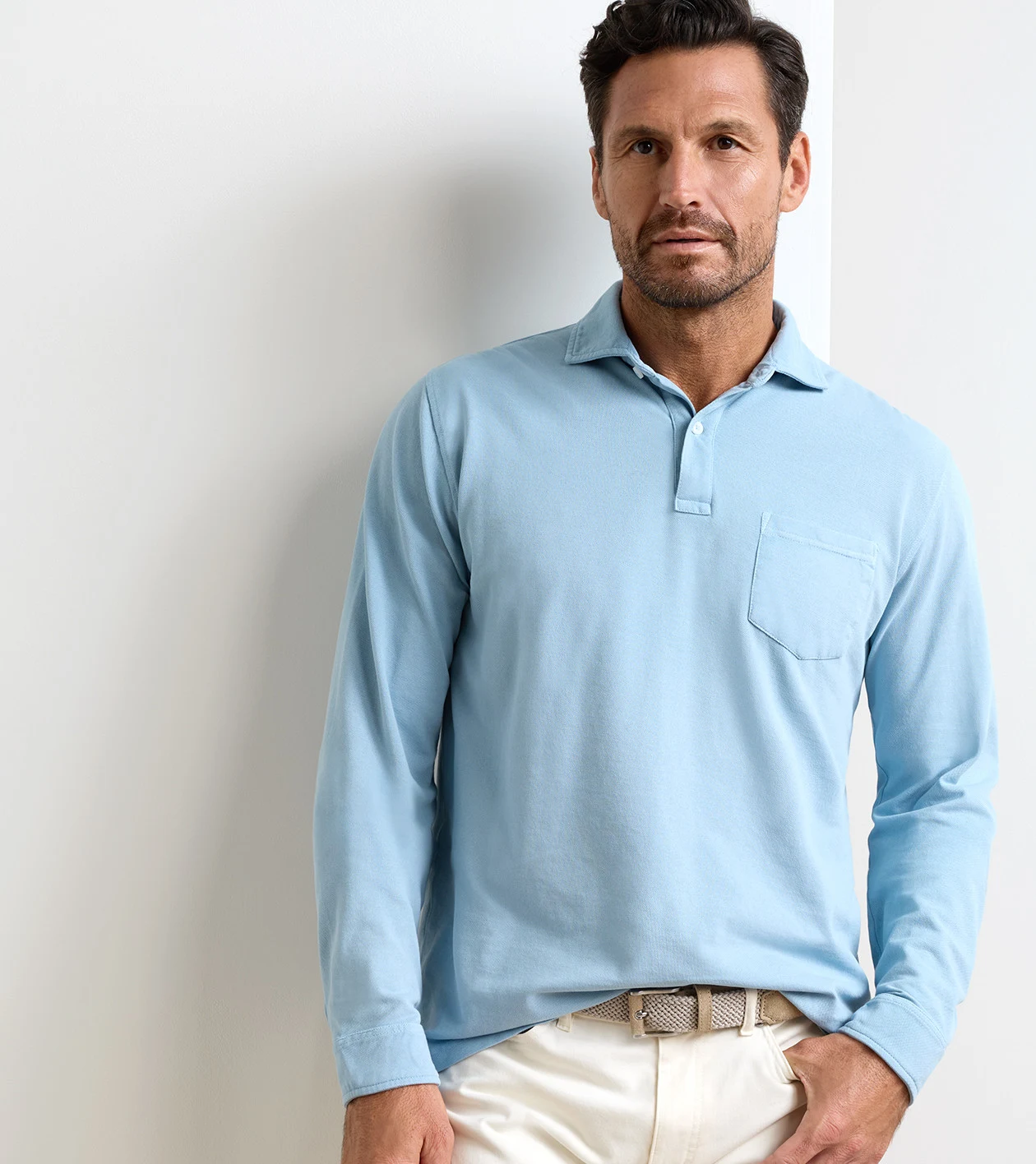 Everyday Piqu&eacute; Long Sleeve Polo in Cottage Blue - Alternate Image 1