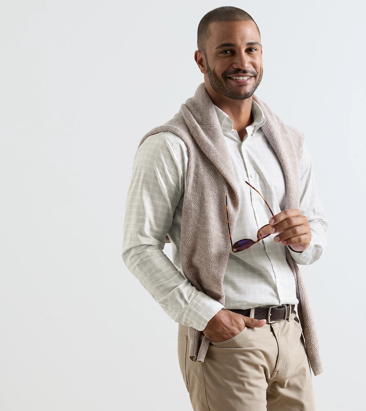 Douglas Crown Lite Cotton-Stretch Sport Shirt in TRUFFLE - Alternate Image 3