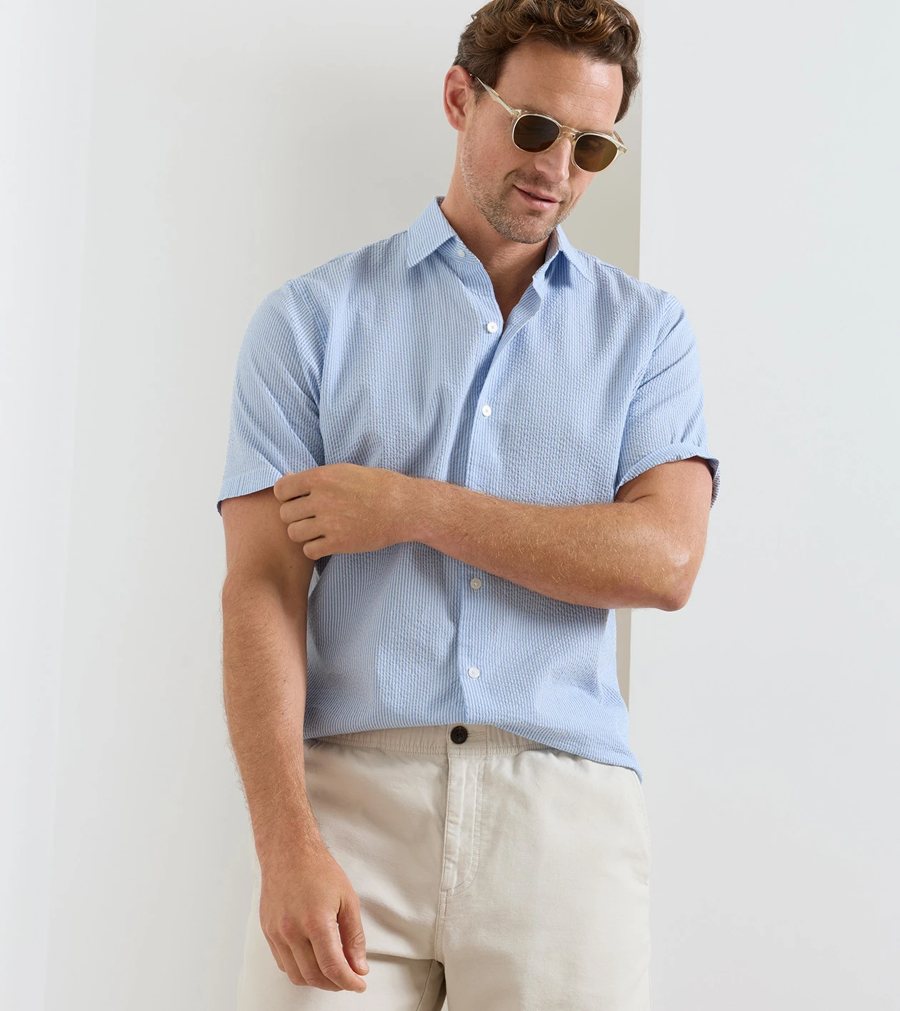 Coastal Stripe Cotton Lyocell Sport Shirt in BLUEBIRD - Alternate Image 1