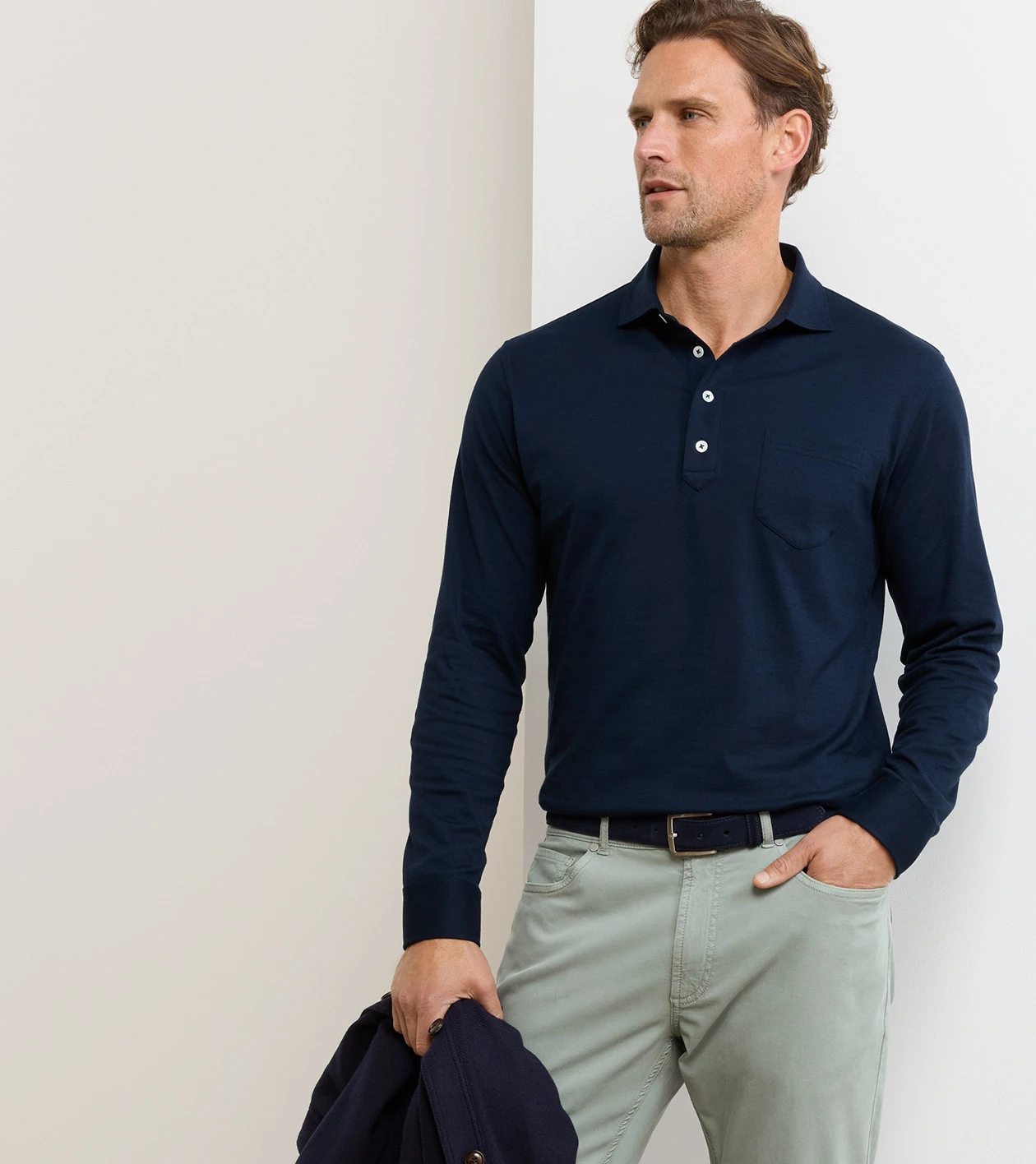 Landon Long-Sleeve Polo in Navy - Alternate Image 1