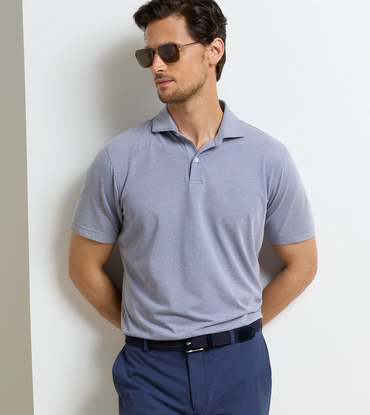 Albatross Diamond Cotton-Blend Piqu&eacute; Polo in Navy - Alternate Image 1